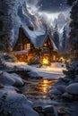 House with snow covered roof and fireplace lit up in the middle of the night. Generative AI Royalty Free Stock Photo