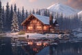 The house in the snow mountains at the lake side with Ai Generated