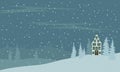 House in a snowy Christmas horisontal landscape at night. Cute vector illustration in flat cartoon style Royalty Free Stock Photo