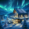 Breathtaking Lights: Dramatic Aurora Meets Solar-Powered Home, generative ai Royalty Free Stock Photo