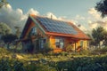 A house with solar panels amid trees, grass, under a sky with fluffy clouds Royalty Free Stock Photo