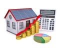 House with solar panels, calculator, schedule, and coins