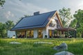 House with solar panels in lush field under blue sky Royalty Free Stock Photo