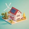 House with solar panels and windmill. Renewable energy concept. 3D rendering Ai generative