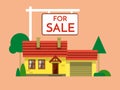 The house is sold. The house and sign in the foreground with the information. Vector illustration in flat style Royalty Free Stock Photo