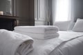 luxury service hotel room towel home bed resort fresh white. Generative AI. Royalty Free Stock Photo