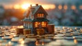 House with stacks of coins at sunset - generative ai Royalty Free Stock Photo