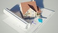House standing on the blueprints Royalty Free Stock Photo