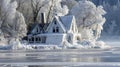 A house stands precariously on the edge of a frozen lake its roof and windows encased in a thick layer of ice. Mother