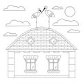 House with storks on the roof with sky, black line drawing, doodle Royalty Free Stock Photo