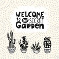 House Succulents and Cacti vector card. Botanical poster with stylish handwritten lettering.
