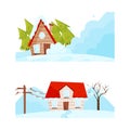 House Suffering from Destructive Weather Condition and Natural Cataclysm with Blizzard and Snowslide Vector Set