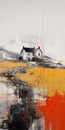 Abstract Landscape Collage: Red, Yellow, And White Houses In A Field