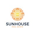House sun logo. Vector real estate building icon sign. Solar home symbol emblem in circle. Sunlight housing label illustration