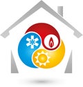 House and sun, snow, fire sign, installer and climate logo Royalty Free Stock Photo