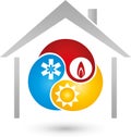 House and sun, snow, fire sign, installer and climate logo Royalty Free Stock Photo