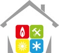 House, sun, snow and flame, installer and climate logo