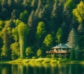 House Surrounded by Dense Trees near Lake, Generative AI Illustration