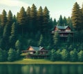 House Surrounded by Dense Trees near Lake, Generative AI Illustration