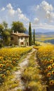 A house surrounded by a field of sunflowers, under a cloudy sky Royalty Free Stock Photo