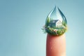 A house surrounded by flowers inside a drop of water at the tip of a finger. Space for text. Royalty Free Stock Photo
