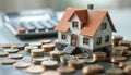 A house is surrounded by a pile of coins and a calculator by AI generated image Royalty Free Stock Photo