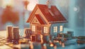 A house is surrounded by a pile of coins and a calculator by AI generated image Royalty Free Stock Photo