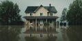 A house surrounded by a rising flood, contrasted against a disaster-preparedness backdrop, concept of Resilience