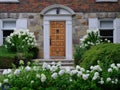 house surrounded by white hydrangea bushes