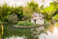 House for swans in russian style in the park of Southern Cultures, Adler, Sochi, Russia