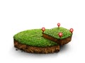House symbol with location pin icon on round soil ground cross section with earth land and green grass, ground ecology isolated on Royalty Free Stock Photo
