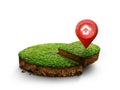 House symbol with location pin icon on round soil ground cross section with earth land and green grass, ground ecology isolated on Royalty Free Stock Photo