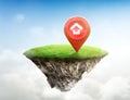 House symbol with location pin icon on round soil ground cross section with green grass. fantasy floating island natural landscape Royalty Free Stock Photo