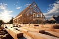 A house takes shape with wooden framing against the expansive sky an ongoing construction project, construction site photo