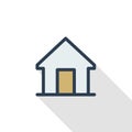 House thin line flat color icon. Linear vector symbol. Colorful long shadow design.