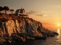 House on top of the mountain. Lonely house over a cliff in the rays of the setting sun. Cottage on a high hill near Royalty Free Stock Photo