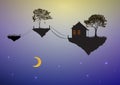 House and tree on flying rock, where the god lives, home above the sky, Royalty Free Stock Photo
