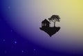 House and tree on flying rock, where the god lives, home in space, Royalty Free Stock Photo