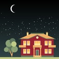 House and tree at night on background of dark sky with stars and moon Royalty Free Stock Photo