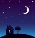 House and tree and night sky with stars and moon