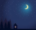 House and tree and night sky with stars and moon Royalty Free Stock Photo