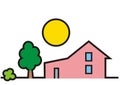 House, tree and sun, vector illustration, web icon Royalty Free Stock Photo