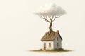 A house with a tree turning into a cloud, growing from the roof. Space for text. Royalty Free Stock Photo