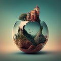 House with trees on an aquarium, fairy tale castle with surreal landscape, imagination of a dream, fortune telling ball