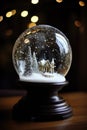 House and trees in christmas snow globe with bokeh lights, created using generative ai technology Royalty Free Stock Photo