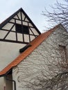 House with two gables and red roof, close up