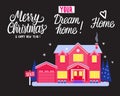 House two story cottage red color for sale. Sold sign. Flat Vector illustration. Winter magical night exterior. Dream Home. Royalty Free Stock Photo