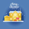 House two story cottage yellow color for sale. Sold sign. Flat Vector illustration on blue background. Winter magical Royalty Free Stock Photo