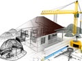house under construction with a crane and other building fixtures on top of blue print,3d Royalty Free Stock Photo