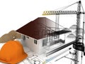 house under construction with a crane and other building fixtures on top of blue print,3d Royalty Free Stock Photo